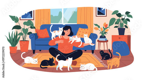 Young woman sitting cross-legged on a rug in a cozy living room surrounded by many different breeds of playful pet cats.