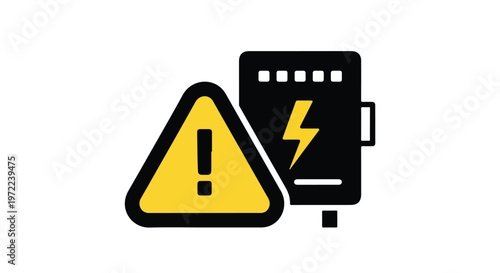 Electrical hazard warning sign with lightning bolt symbol on a black box and yellow exclamation mark alert