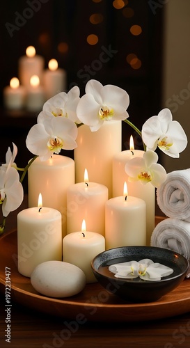 Serene Spa Still Life - Lit Candles, Orchids, and Rolled Towels, Warm Glow.