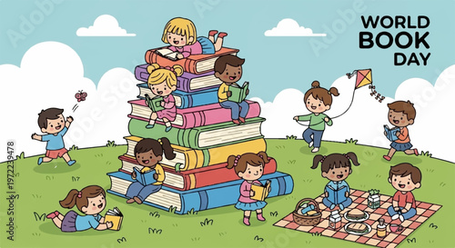 World Book Day outdoor scene with diverse children reading illustration