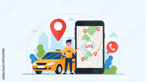 Friendly taxi driver standing next to a yellow car and a large smartphone showing a GPS map for mobile transportation services.