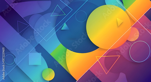 Vibrant abstract design featuring overlapping circles triangles and squares with gradient colors clean geometric lines and dynamic composition