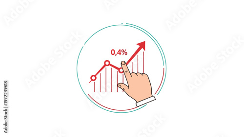 Human hand pointing at a rising red growth arrow on a financial line graph indicating a positive economic trend or progress.