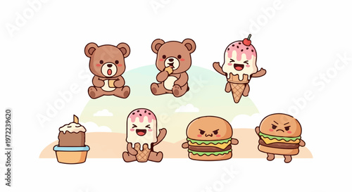 Adorable Cartoon Characters - Bears, Ice Cream, Cupcake, and Burgers.