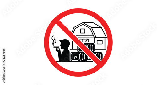 No smoking sign with silhouette of person smoking near hay bales and barn in prohibition circle