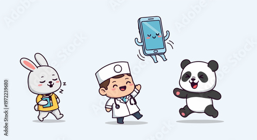 Adorable Cartoon Characters - Bunny, Doctor, Panda, and Phone, Smiling and Happy.