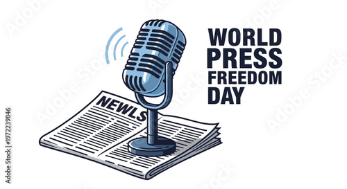 A vintage microphone rests on newspapers with world press freedom day text