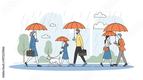 Diverse group of pedestrians carrying orange umbrellas and walking along a city sidewalk during a rainy day with a pet dog.