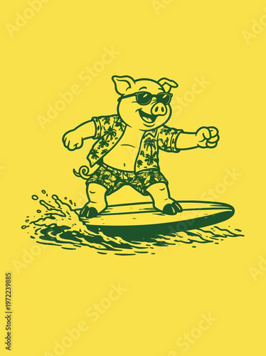 Pig surfing on a board happily.