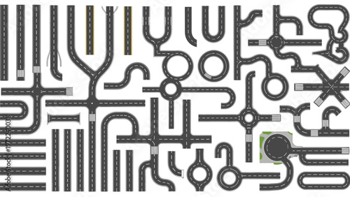 Large variety of overhead road segments including highways, intersections, roundabouts, and curves for creating detailed urban maps.
