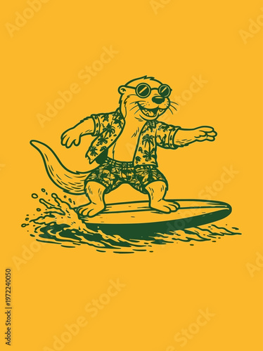 Smiling cartoon otter on surfboard riding.