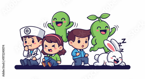 Adorable Cartoon Characters Depicting Healthcare, Nature, and Happiness.