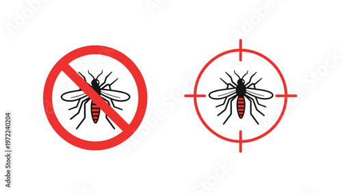 Pair of mosquito warning and control icons featuring a mosquito inside a red prohibition circle and a target crosshair symbol.