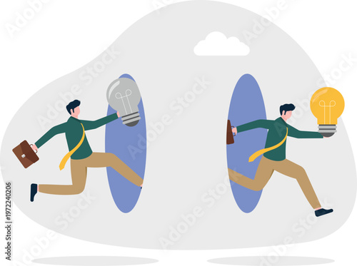 Professional running through blue portals with lightbulbs