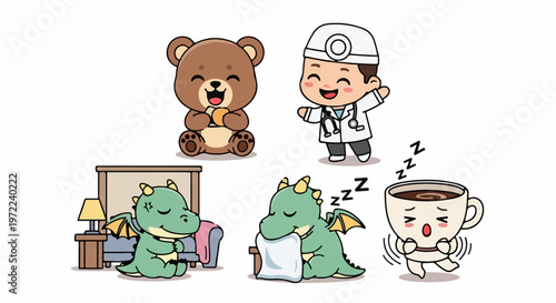 Adorable Cartoon Characters Depicting Sleepy Dragons, Doctor, and Teddy Bear.