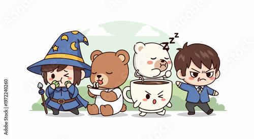 Adorable Cartoon Characters Depicting Various Emotions and Activities.