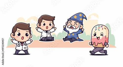 Adorable Cartoon Characters - Doctor, Scientist, Wizard, and Ice Cream.