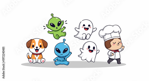 Adorable Cartoon Characters - Dog, Aliens, Ghosts, and Chef, Smiling Happily.