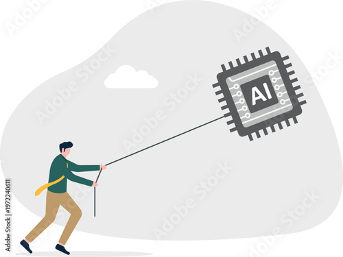 Businessman pulling a giant AI chip with a rope