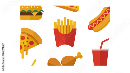 Colorful assortment of popular fast food items including pizza, fries, and drinks Vector