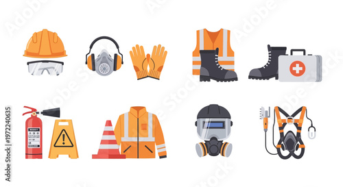 Collection of industrial safety equipment and protective gear illustrations