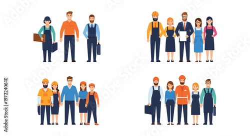 Diverse group of professionals and workers standing in organized rows