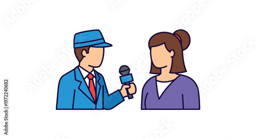 A reporter interviews a woman with a bun in a flat cartoon style