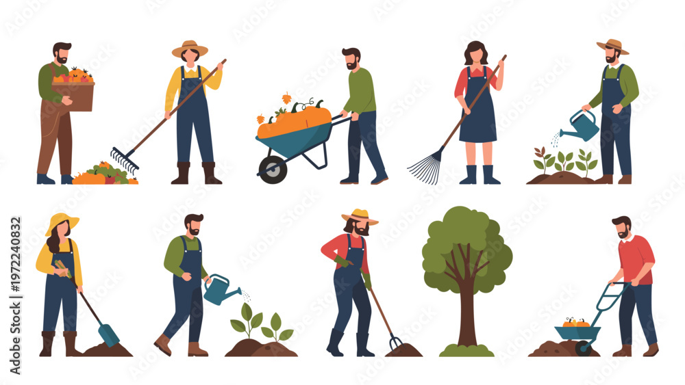 Fototapeta premium Group of male and female farmers engaged in various agricultural activities like harvesting, watering, and raking on a rural farm.
