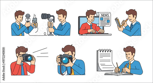 Diverse group of journalists and media professionals engaged in their work