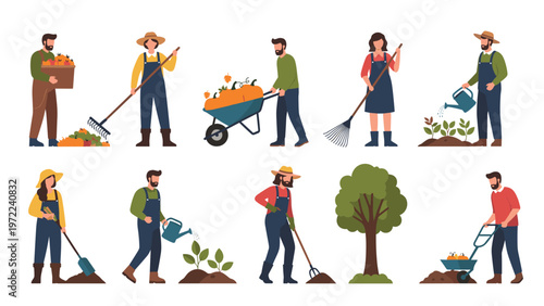 Group of male and female farmers engaged in various agricultural activities like harvesting, watering, and raking on a rural farm.