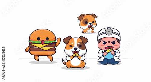 Adorable Cartoon Characters Enjoying Delicious Food and Snacks Together.