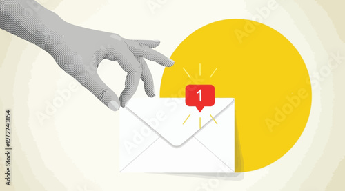 Hand reaching for a new email notification message with a red icon showing one unread message