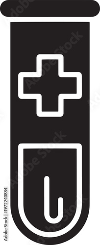 Medical test tube icon with cross symbol and liquid level for healthcare laboratory diagnostics and blood sample analysis vector graphic illustration
