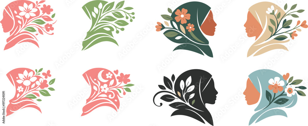 Fototapeta premium International Women’s Day – Diverse Female Profiles and Empowerment Symbols Vector Set