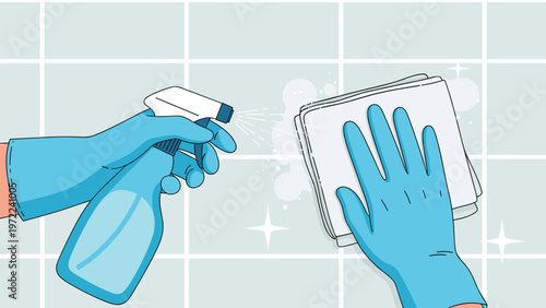 Close up of hands wearing blue protective gloves using a spray bottle and cloth to clean and shine ceramic bathroom wall tiles.