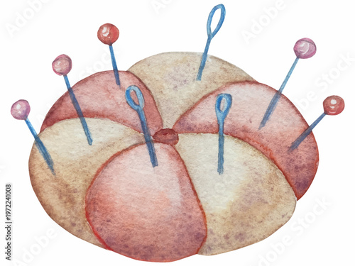 Hand drawn watercolor knitting and sewing elements set. A ball of yarn, crochet, thread, handcraft supplies, sewing, embroidering. Handmade and hobby supplies in blue, beige and pink colors. Vintage