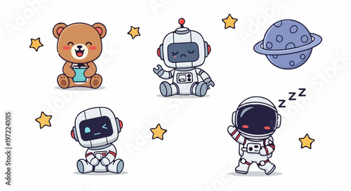 Adorable Cartoon Characters Featuring Astronauts, Robots, and a Teddy Bear.
