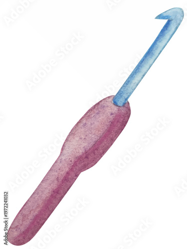 Hand drawn watercolor knitting and sewing elements set. A ball of yarn, crochet, thread, handcraft supplies, sewing, embroidering. Handmade and hobby supplies in blue, beige and pink colors. Vintage