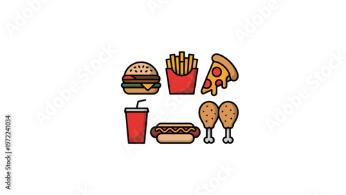 Assorted fast food items including a burger, fries, chicken, and a drink Vector