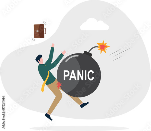 Businessman falling over a giant black PANIC bomb