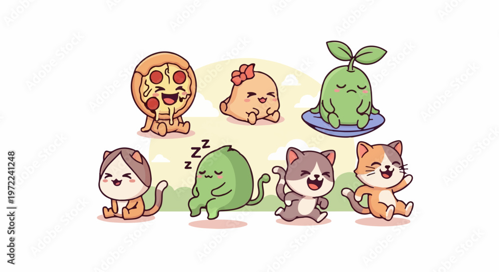 Obraz premium Adorable Cartoon Characters Featuring Pizza, Cats, and Plants in Cute Poses.