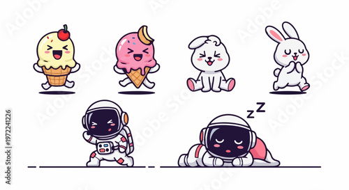 Collection of Cute Kawaii Astronauts and Rabbits, with Adorable Ice Cream Characters, Perfect for Children's Designs and Fun Projects