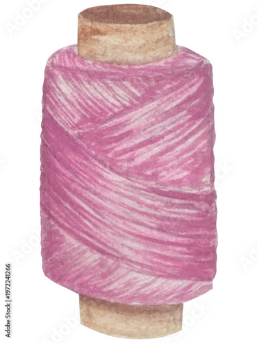 Hand drawn watercolor knitting and sewing elements set. A ball of yarn, crochet, thread, handcraft supplies, sewing, embroidering. Handmade and hobby supplies in blue, beige and pink colors. Vintage