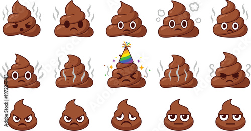Cartoon poop emoji collection with different facial expressions funny character set including happy sad angry and party mood illustration