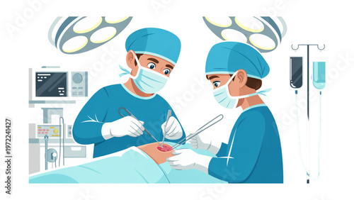 Medical professionals collaborating on advanced surgical planning with digital technology Vector