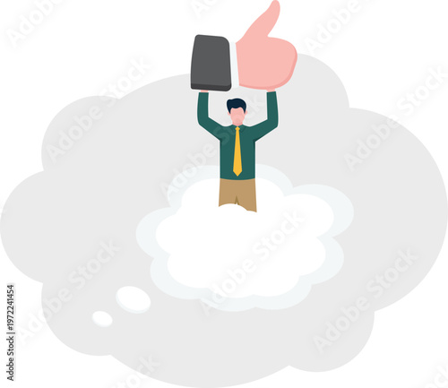 Professional emerging from clouds holding a thumbs up symbol