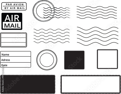 Vintage Airmail Design Collection with Stamp Frames and Postmarks - Postal Stamp Mockup Set with Airmail Labels and Cancellation Marks - air mail, airmail, postal, mail, postage, stamp, stamp frame, p