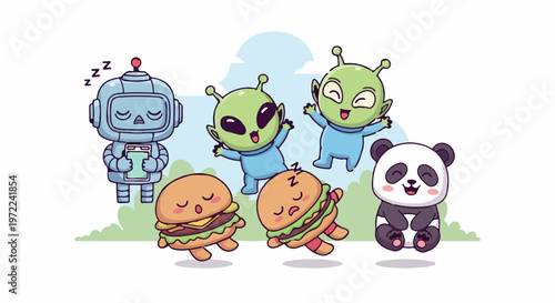Adorable Cartoon Characters Including Alien, Robot, Panda, and Burgers.