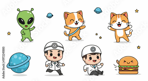 Adorable Cartoon Characters Including Alien, Cats, Doctors, Planet, and Burger.