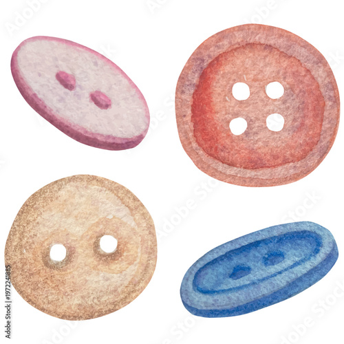 Hand drawn watercolor knitting and sewing elements set. A ball of yarn, crochet, thread, handcraft supplies, sewing, embroidering. Handmade and hobby supplies in blue, beige and pink colors. Vintage